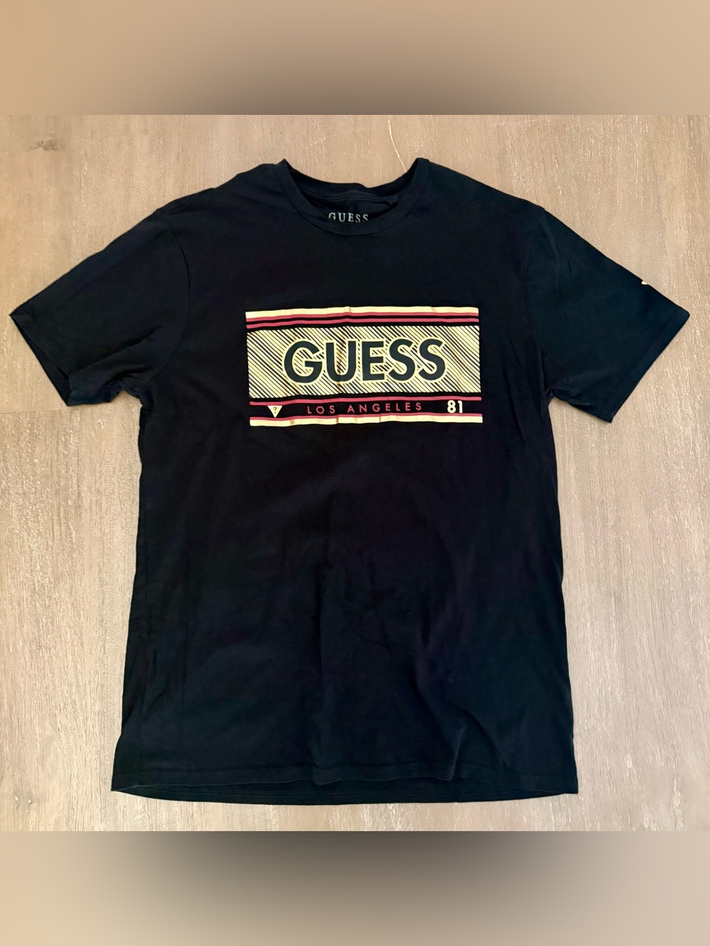 GUESS Black Short Sleeve Tee with Cream and Red Logo Panel